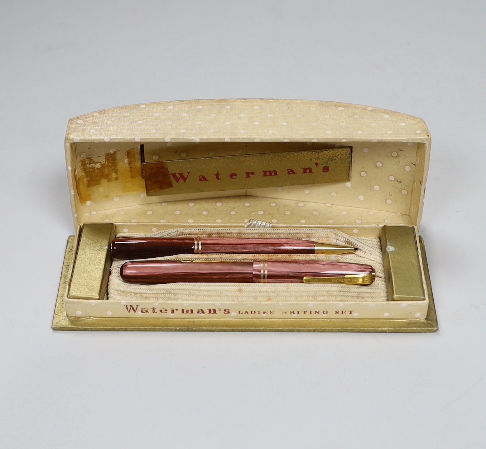 A boxed Waterman's pen and pencil Ladies Writing Set, comprising a pink striated model 512V and pencil in original card case